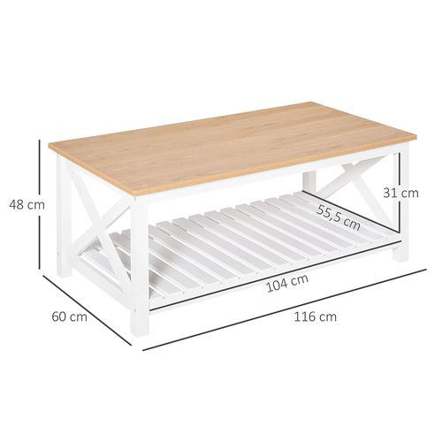 Table Basse Rectangulaire 116l X 60l X 48h Cmétagère à Lattes Plateau Imitation Chêne Clair Blanc
