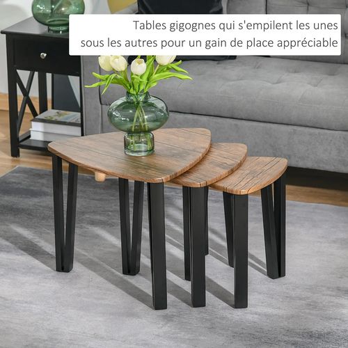Ensemble De Table Basse Encastrable 3 Pièces, Pieds Métalliques Noirs, Plateau En Bois De Noyer.