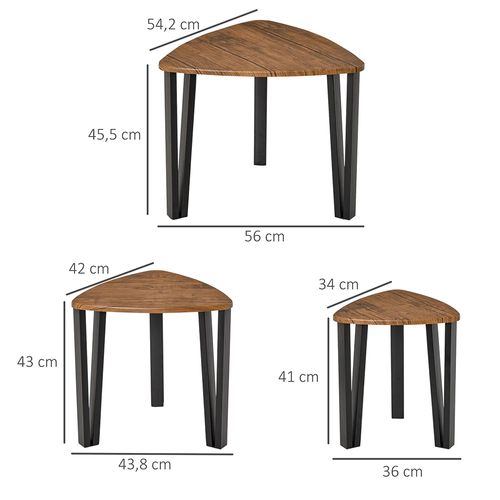 Ensemble De Table Basse Encastrable 3 Pièces, Pieds Métalliques Noirs, Plateau En Bois De Noyer.