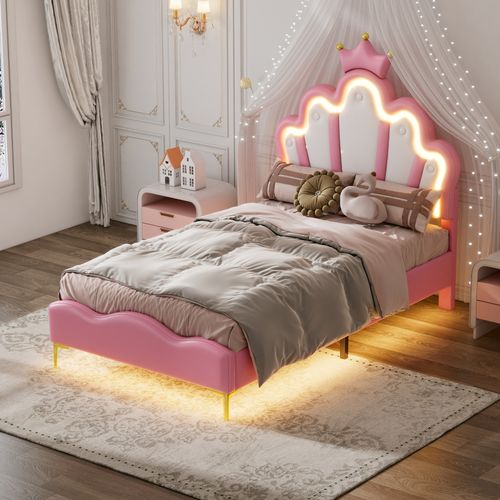 Lit Enfant 90x200 Cm, Revêtement En Cuir Pu Souple, Bande Lumineuse LED Réglable, Rose