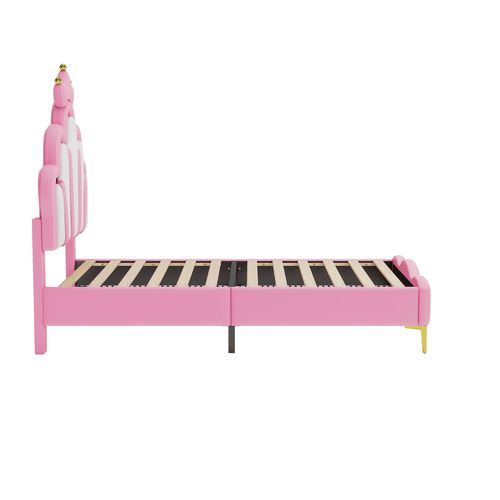 Lit Enfant 90x200 Cm, Revêtement En Cuir Pu Souple, Bande Lumineuse LED Réglable, Rose