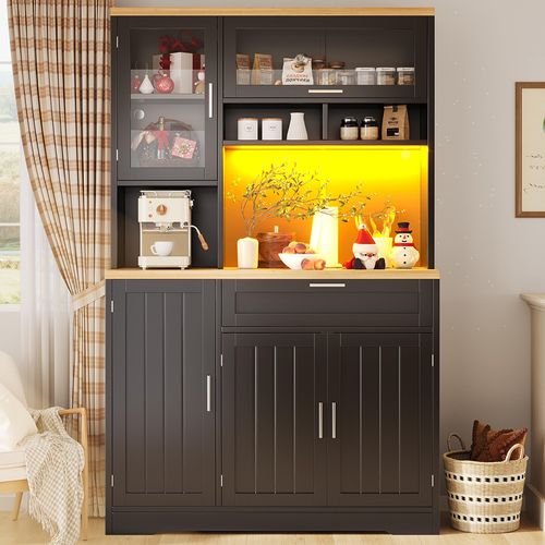 Armoire De Cuisine, Highboard, 104x40x180 Cm, Avec Éclairage LED, Mdf+métal, Noir