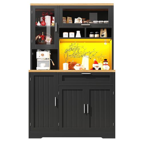 Armoire De Cuisine, Highboard, 104x40x180 Cm, Avec Éclairage LED, Mdf+métal, Noir