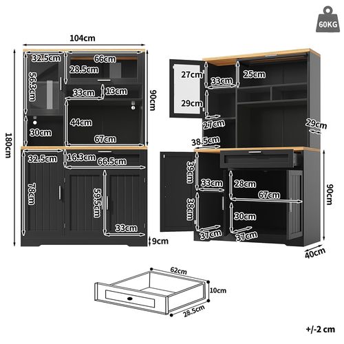 Armoire De Cuisine, Highboard, 104x40x180 Cm, Avec Éclairage LED, Mdf+métal, Noir