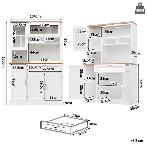 Armoire De Cuisine, Highboard, 104x40x180 Cm, Avec Éclairage LED, Mdf+métal, Blanc