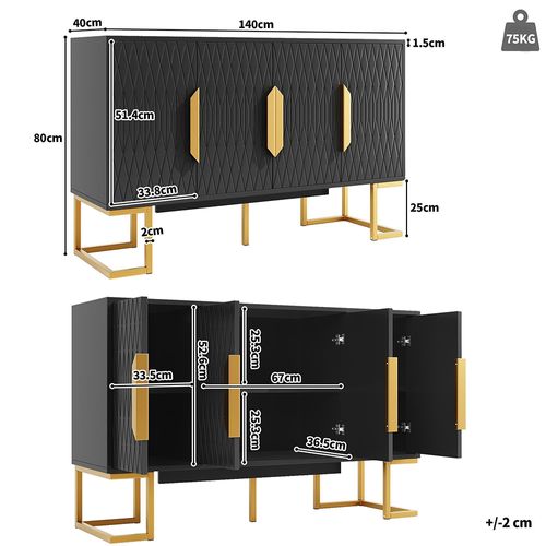 Buffet 140 X 40 X 80 Cm, Avec Quatre Portes Et Deux Étagères, Noir