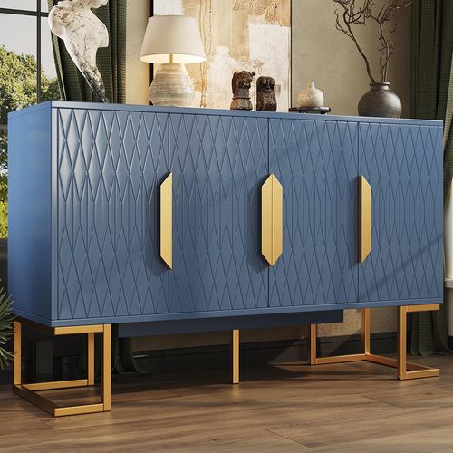 Buffet 140 X 40 X 80 Cm, Avec Quatre Portes Et Deux Étagères, Bleu