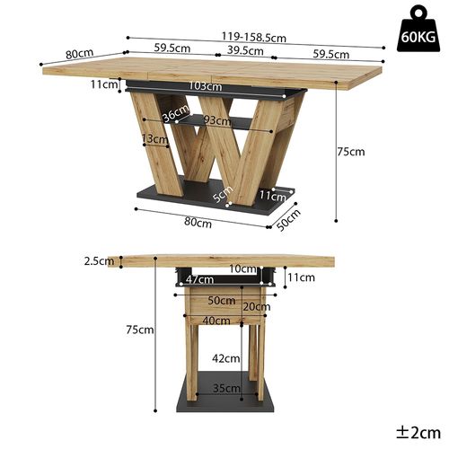 Table à Manger 119–158,5 × 80 Cm, Extensible, Avec Pieds En Forme De W, Finition Bois