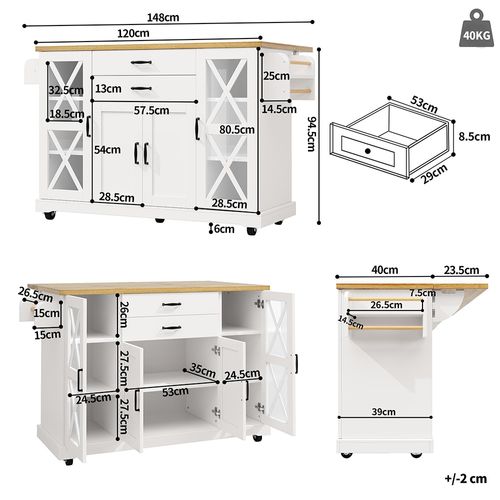 Îlot De Cuisine , Mobile Avec Roulettes, Deux Portes Vitrées, Deux Tiroirs, Blanc