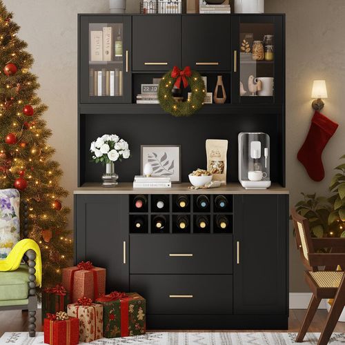 Buffet, 120x36,3x180 Cm, Avec Éclairage LED Et Prises, Six Portes, Deux Tiroirs, Noir