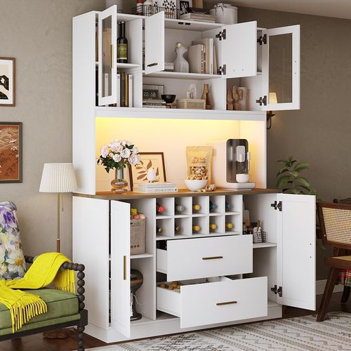 Buffet, 120x36,3x180 Cm, Avec Éclairage LED Et Prises, Six Portes, Deux Tiroirs, Blanc