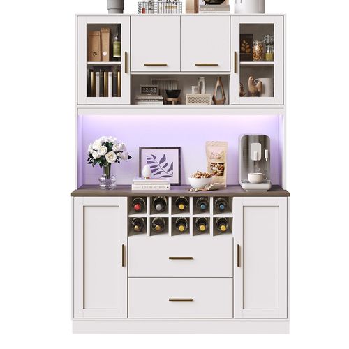 Buffet, 120x36,3x180 Cm, Avec Éclairage LED Et Prises, Six Portes, Deux Tiroirs, Blanc