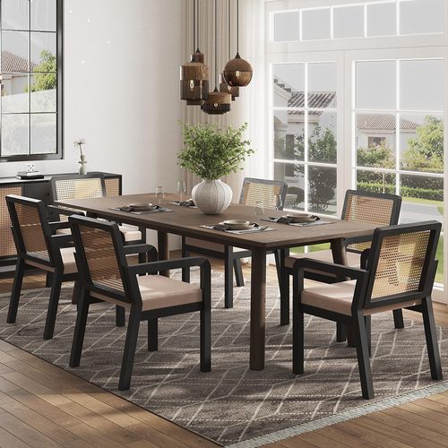 Chaises De Salle à Manger (6 Pièces), Revêtement En Velours, Dossier En Rotin Tressé, Noir