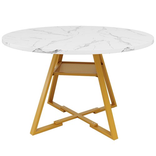 1 Table De Salle à Manger Ronde, Table De Cuisine, Pieds En Métal, Extérieur En Marbre, Blanc