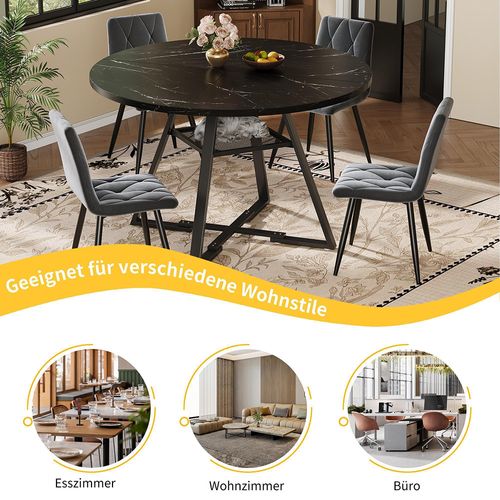 1 Table De Salle à Manger Ronde, Table De Cuisine, Pieds En Métal, Extérieur En Marbre, Noir