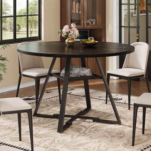 1 Table De Salle à Manger Ronde, Table De Cuisine, Pieds En Métal, Extérieur En Marbre, Noir