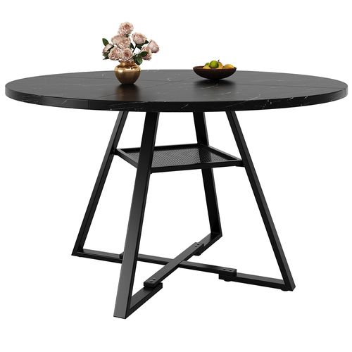 1 Table De Salle à Manger Ronde, Table De Cuisine, Pieds En Métal, Extérieur En Marbre, Noir