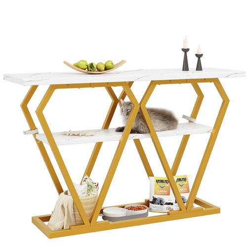 1 Table De Salle à Manger, 120 X 29,5 X 80 Cm, Plateau En Bois, Plateau En Marbre, Blanc