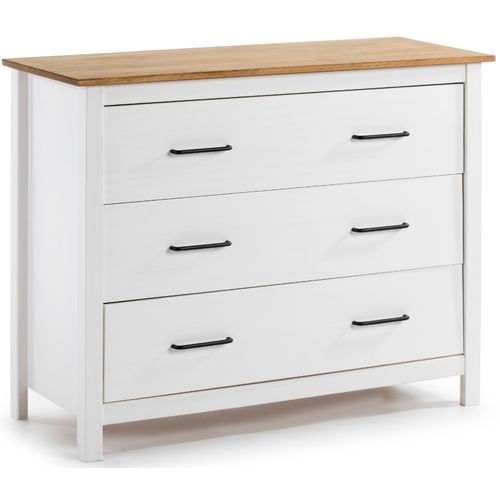 Commode En Pin Massif Décor Ciré Blanc Et Chêne, Meuble De Rangement - L. 100 X P. 40 X H. 80 Cm