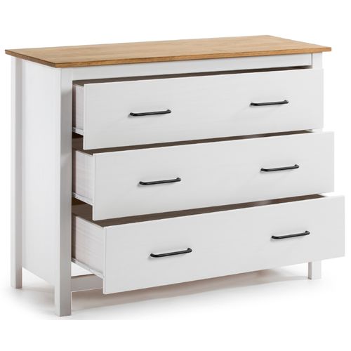 Commode En Pin Massif Décor Ciré Blanc Et Chêne, Meuble De Rangement - L. 100 X P. 40 X H. 80 Cm