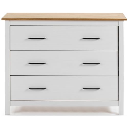 Commode En Pin Massif Décor Ciré Blanc Et Chêne, Meuble De Rangement - L. 100 X P. 40 X H. 80 Cm