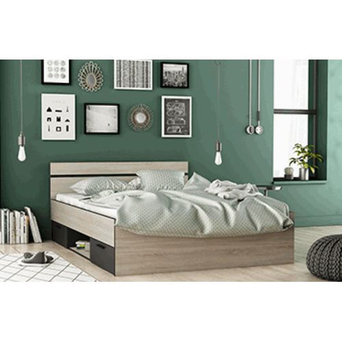 Lit Adulte Avec 2 Tiroirs Coloris Chene Brosse/noir Mat - 144,1 X 74,2 X 194,7 Cm