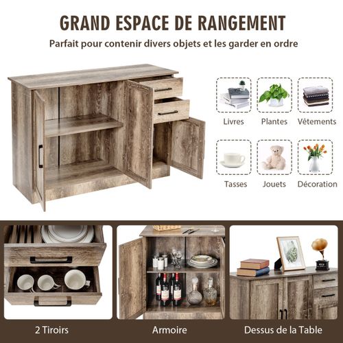 Buffet De Cuisine, Meuble Cuisine 3 Portes Et 2 Tiroirs 110x40x78 Cm Étagère Réglable Brun