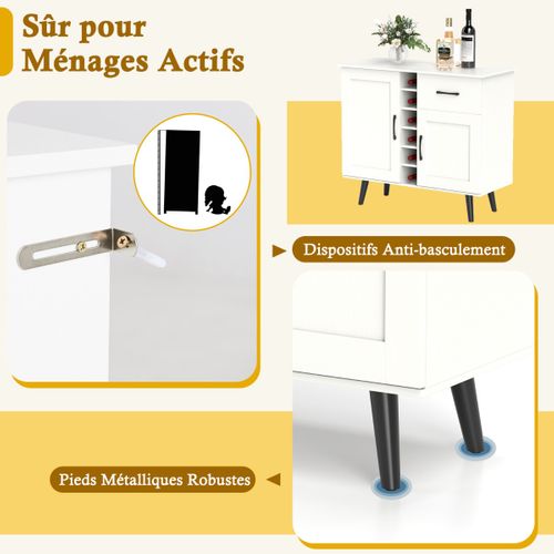 Buffet, Bahut, Meuble De Rangement Moderne Avec Casier à Vin 1 Tiroir 2 Portes 90x40x79cm Blanc