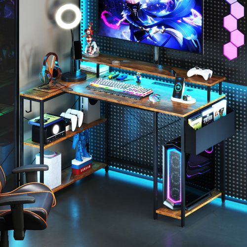 Bureau Gaming, Bureau Gamer Avec LED Et Prises De Courant 120x80x87cm Marron Rustique