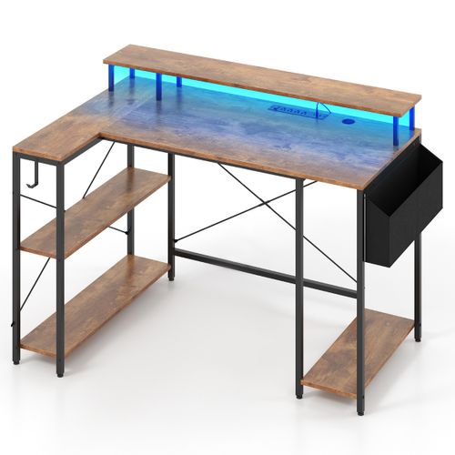 Bureau Gaming, Bureau Gamer Avec LED Et Prises De Courant 120x80x87cm Marron Rustique