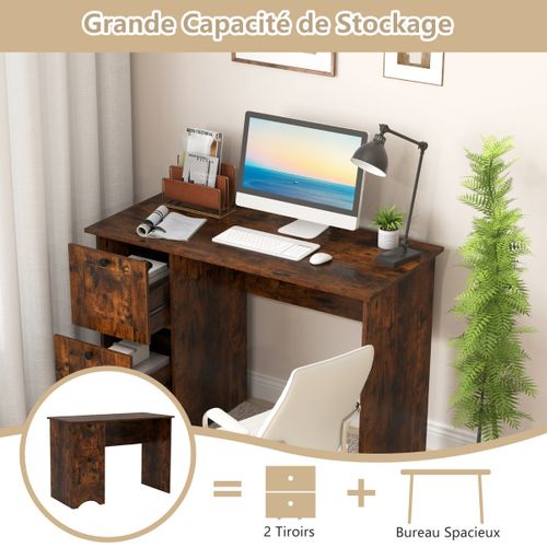 Bureau Droit, Bureau D'ordinateur, Bureau D'étude Multifonctionnelle Avec 2 Tiroirs Brun Rustique