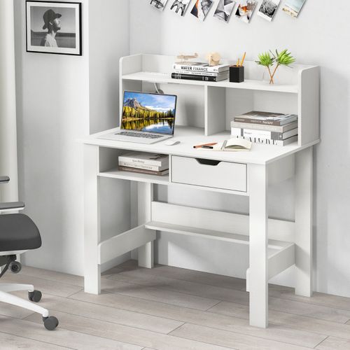 Bureau Droit, Bureau D'ordinateur, Bureau D'étude Avec Prises De Courant Et Ports USB Blanc