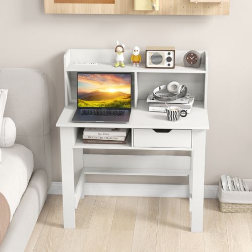 Bureau Droit, Bureau D'ordinateur, Bureau D'étude Avec Prises De Courant Et Ports USB Blanc