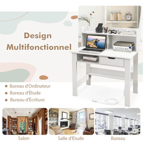 Bureau Droit, Bureau D'ordinateur, Bureau D'étude Avec Prises De Courant Et Ports USB Blanc