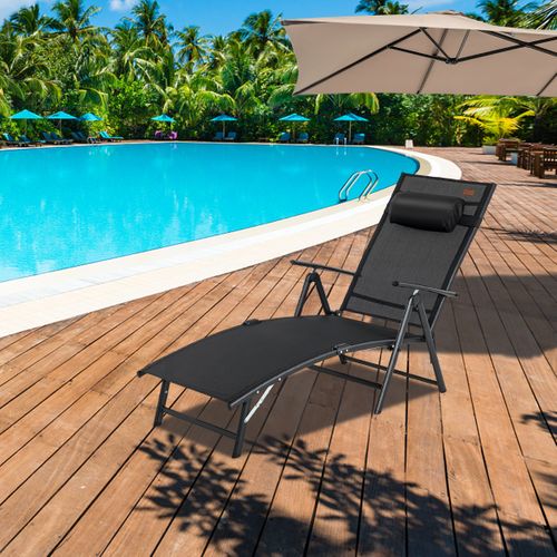 Bain De Soleil Transat Chaise Longue Pliante Avec Dossier Réglable Accoudoir Repose-tête Noir