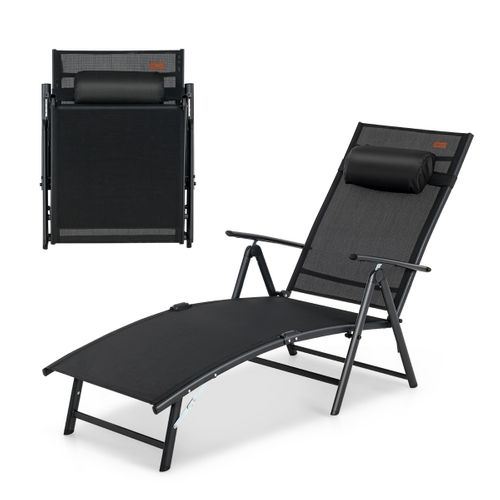 Bain De Soleil Transat Chaise Longue Pliante Avec Dossier Réglable Accoudoir Repose-tête Noir