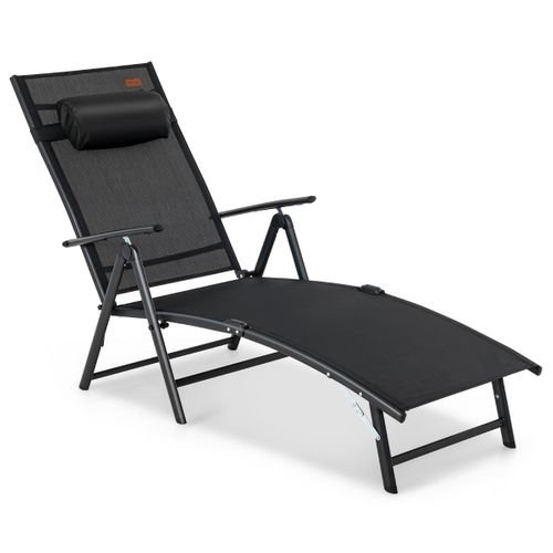 Bain De Soleil Transat Chaise Longue Pliante Avec Dossier Réglable Accoudoir Repose-tête Noir