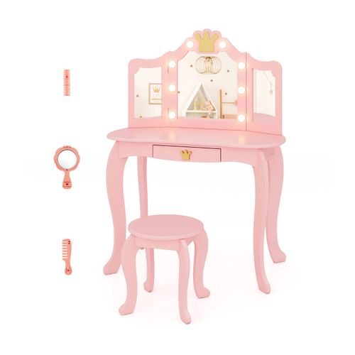 Coiffeuse Enfants, Table De Maquillage Avec Tabouret Miroir Eclairé Pliable Pour 3-7 Ans Rose