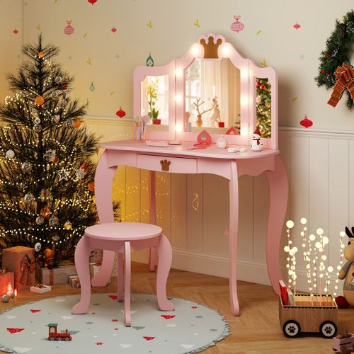 Coiffeuse Enfants, Table De Maquillage Avec Tabouret Miroir Eclairé Pliable Pour 3-7 Ans Rose