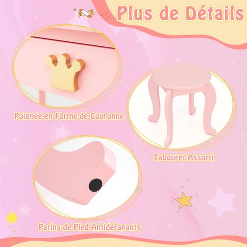 Coiffeuse Enfants, Table De Maquillage Avec Tabouret Miroir Eclairé Pliable Pour 3-7 Ans Rose