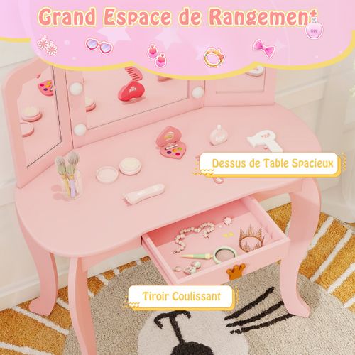 Coiffeuse Enfants, Table De Maquillage Avec Tabouret Miroir Eclairé Pliable Pour 3-7 Ans Rose