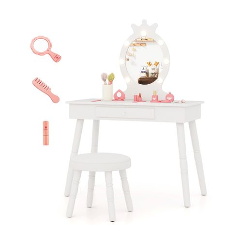 Ensemble De Coiffeuse Pour Enfants Avec Miroir Eclairé Réglable Pour 3-7 Ans Blanc