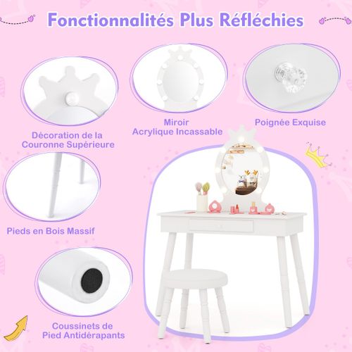 Ensemble De Coiffeuse Pour Enfants Avec Miroir Eclairé Réglable Pour 3-7 Ans Blanc