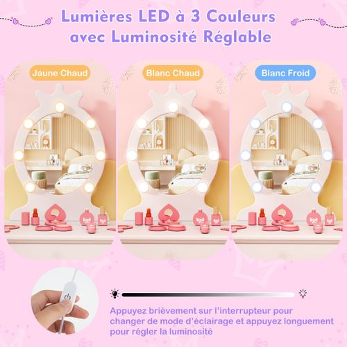Ensemble De Coiffeuse Pour Enfants Avec Miroir Eclairé Réglable Pour 3-7 Ans Blanc