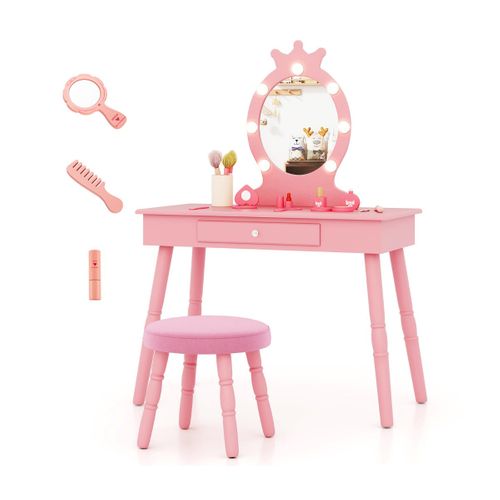 Ensemble De Coiffeuse Pour Enfants Avec Miroir Eclairé Réglable Pour 3-7 Ans Rose
