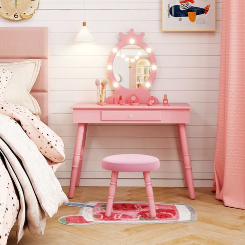 Ensemble De Coiffeuse Pour Enfants Avec Miroir Eclairé Réglable Pour 3-7 Ans Rose