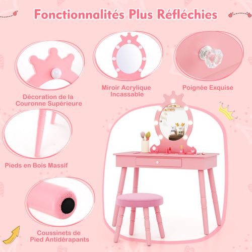 Ensemble De Coiffeuse Pour Enfants Avec Miroir Eclairé Réglable Pour 3-7 Ans Rose