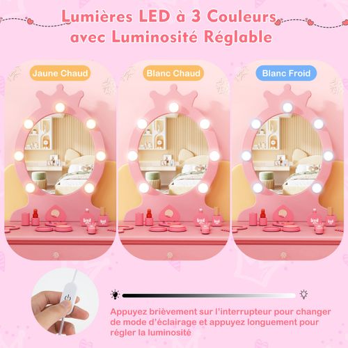 Ensemble De Coiffeuse Pour Enfants Avec Miroir Eclairé Réglable Pour 3-7 Ans Rose