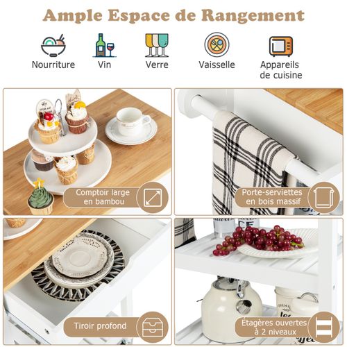 Desserte à Roulettes, Chariot De Rangement Avec Tiroir Porte-serviettes 2 Étagères Blanc Bambou