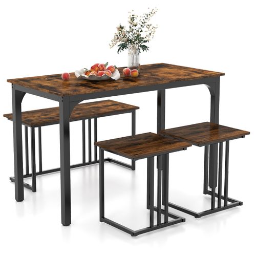 Ensemble Table à Manger 2 Banc 2 Tabourets Style Industriel Cadre En Métal Marron Rustique Et Noir